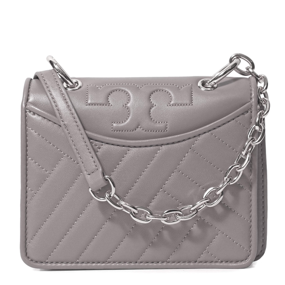 Tory Burch Alexa Quilted Mini Gray Leather Shoulder Bag Chain Strap